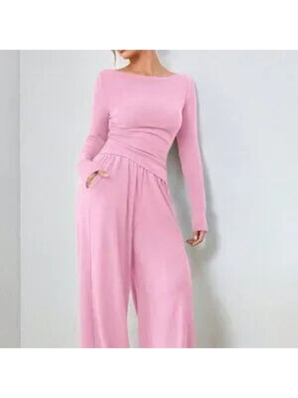 Pink Casual Women's Long Sleeve Blouse And Pants Set